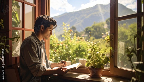 Young man reading by the window with mountain view.