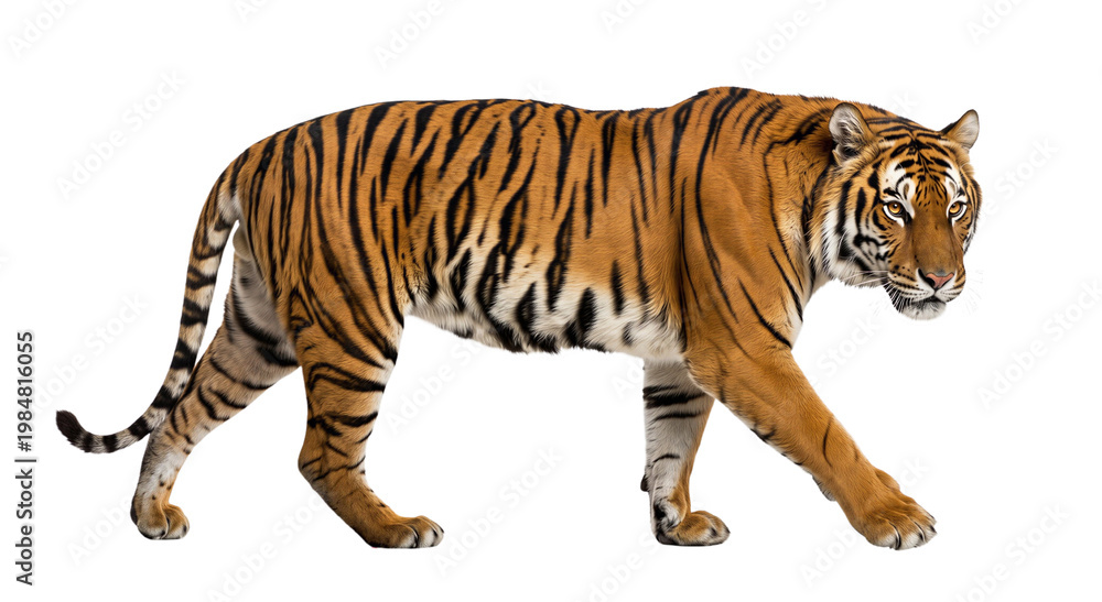 Obraz premium Powerful Majestic Tiger Walking and Looking Sideways Isolated on White Background