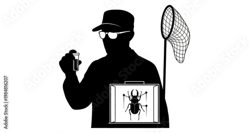 Entomologist studying insect specimen with net and vial silhouette