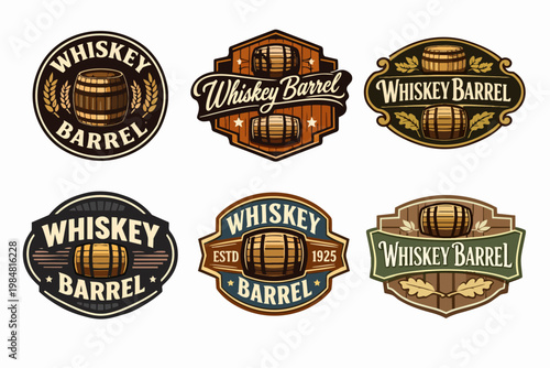 Whiskey barrel logo collection showcasing vintage distillery labels and retro alcohol branding for spirits