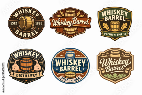 Whiskey barrel brewery and distillery logos collection developing vintage badges with aged spirits and premium alcohol imagery