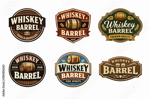 Whiskey barrel labels creating vintage distillery branding, showcasing aged spirits, bourbon, and fine alcohol quality