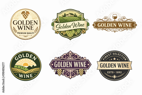 Golden wine labels collection featuring vintage winery logos, grape bunches, vineyards, and elegant branding elements