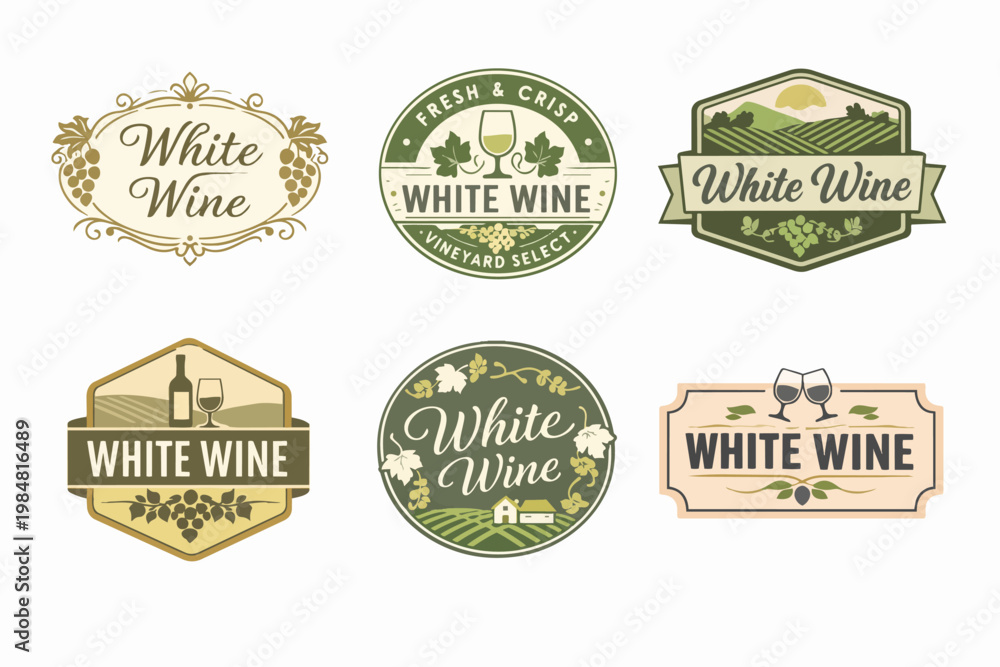 Obraz premium White wine labels collection depicting vineyards, grapes, and bottles, ideal for branding, packaging, and advertising design