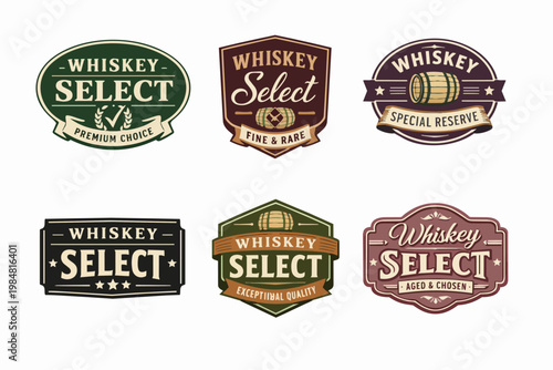 Whiskey labels collection offering vintage and craft alcohol branding designs for premium select bourbon products