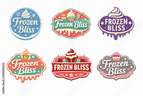 Frozen bliss logos with sweet desserts, cupcakes, and whipped cream, ideal for branding, packaging, and summer promotions
