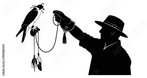 Falconer with bird of prey during outdoor activity against white background silhouette