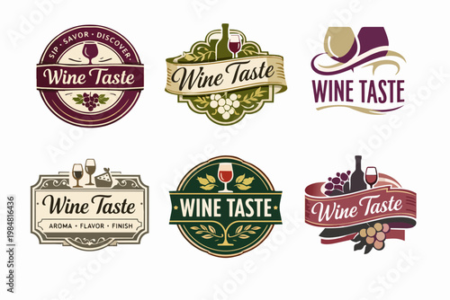 Wine taste logos collection offering vintage style branding for winery, vineyard, and sommelier services