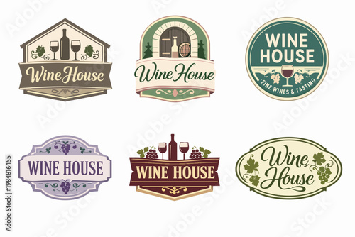 Set of vintage wine house labels and emblems, creating brand identity for wineries, vineyards, and alcohol shops