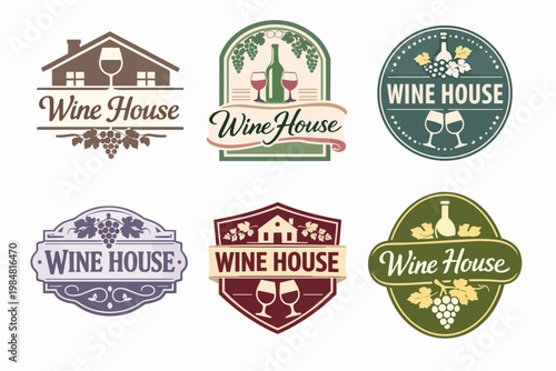 Collection of vintage wine house emblems, presenting grapes, bottles, and glasses for winery branding