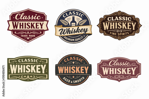 Classic whiskey labels collection offering vintage and retro designs for packaging, branding, and distillery concepts