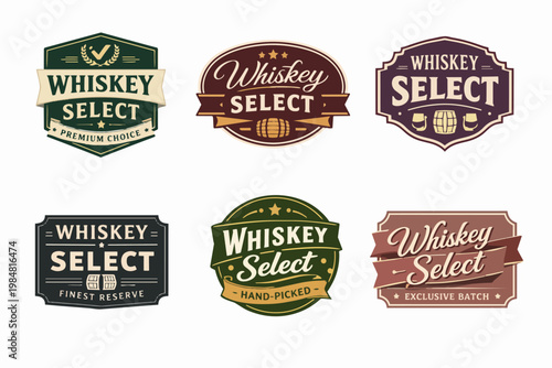 Whiskey select labels collection for bourbon, scotch, and rye branding with vintage retro style elements