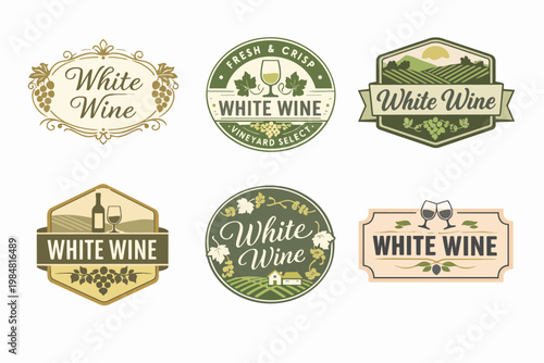 White wine labels collection depicting vineyards, grapes, and bottles, ideal for branding, packaging, and advertising design