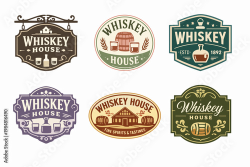 Whiskey house logos set with vintage barrel, glass, bottle, and distillery building icons for craft spirit branding