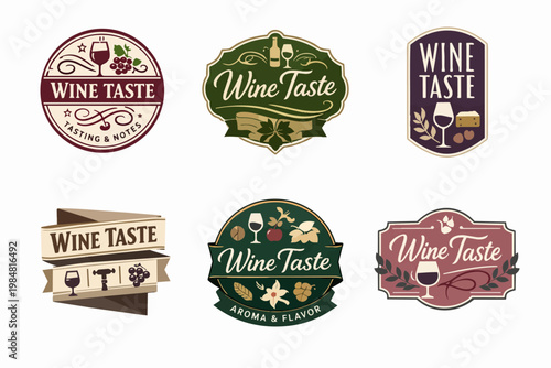Collection of vintage wine taste emblems and labels designing for winery, tasting notes, aroma, and flavor