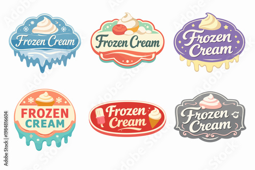 Frozen cream labels collection for dairy desserts, sweet foods, and cold treats, perfect for branding summertime products