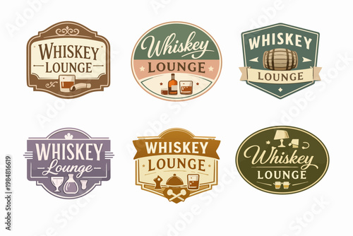 Whiskey lounge vintage badges set with different design labels for alcoholic beverages and liquor establishments