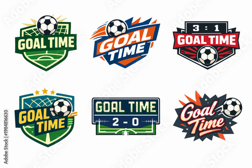 Football goal time emblems set for sport events and competition, showing soccer balls, fields, and scores
