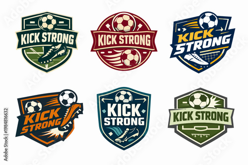 Collection of soccer and football game badges featuring balls, cleats, goal nets, and strong competitive spirit