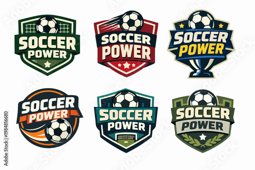 Soccer power logo emblems for sport team branding, football competition, club badges, and championship iconography