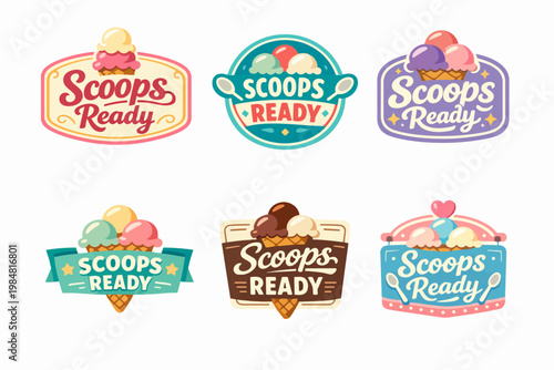 Ice cream shop logos with colorful scoops in waffle cones, set of sweet dairy dessert labels and emblems