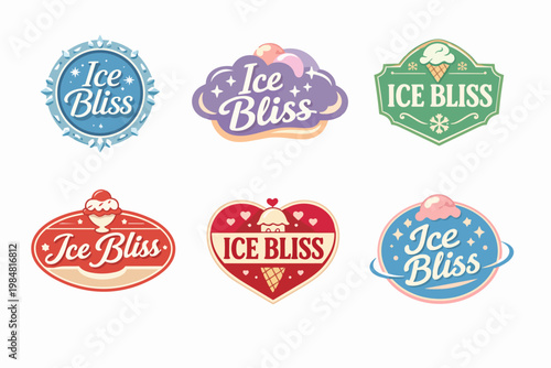 Ice bliss logos collection for frozen dessert businesses, showcasing a variety of vintage sweet treat badge designs