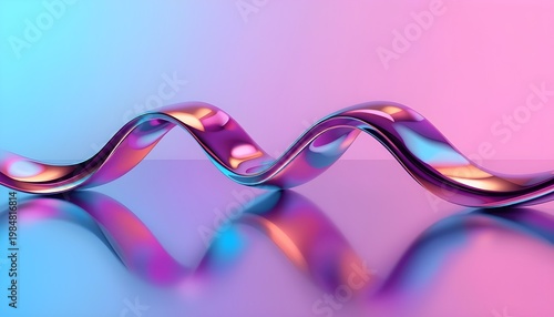 A vibrant, iridescent metallic ribbon undulates across a colorful gradient background, reflecting shades of pink, blue, and purple.