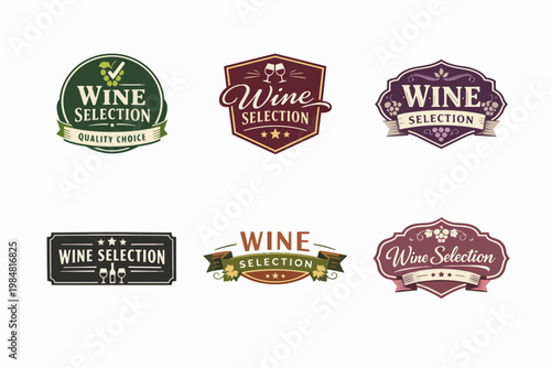 Wine selection logos and badges collection offering quality choice for winery branding and tasting events