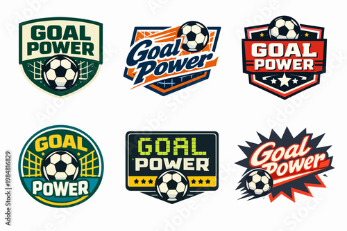 Goal power soccer logos with footballs, nets, and stars, creating dynamic emblems for club branding and sport events