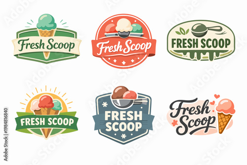 Ice cream shop branding badges with different scoop and cone designs, representing fresh dessert brands