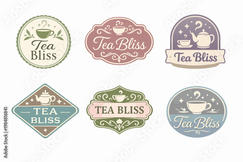Collection of vintage tea bliss logo designs presenting hot beverage cups, teapots, and ornate frames in pastel colors