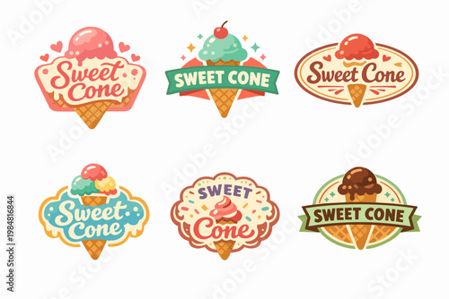 Ice cream cone logos featuring various flavors and classic design elements, perfect for branding sweet shops and summer menus