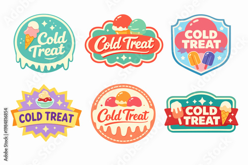 Collection of cold treat badges and labels, different designs presenting various ice cream and popsicle desserts