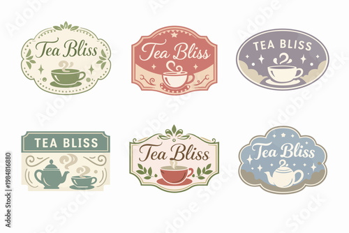 Tea bliss logo collection featuring vintage style labels with teacups, teapots, and ornate decorative elements