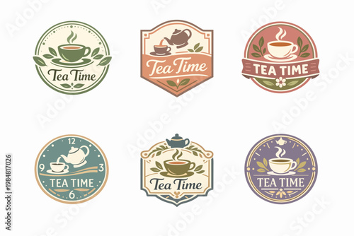 Set of vintage tea time logos, emblems and labels with cups, teapots and leaves for cafes and hot drink brands