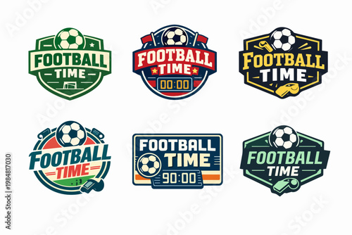 Football soccer time championship emblems and sport competition badges with ball, whistles, goal, and timers