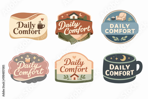 Daily comfort stickers set including hygge living elements like coffee, candles, home, armchair, and cozy blanket illustrations