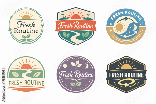 Fresh routine logo badges on white background, promoting wellness, health, and daily healthy lifestyle habits