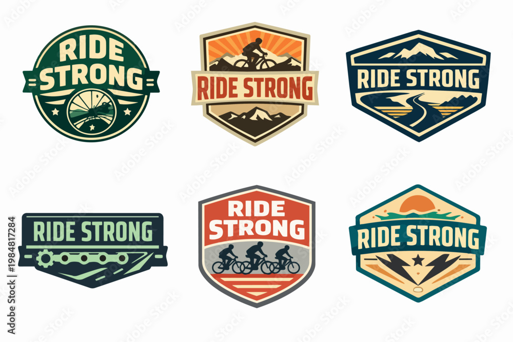 Fototapeta premium Collection of ride strong cycling emblems featuring bikers, mountains, roads, and gears, representing outdoor adventure and endurance