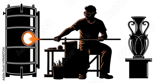 Glassblower shaping molten material against furnace glow in a studio silhouette