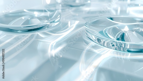 A close-up view of several clear glass or plastic petri dishes arranged on a reflective surface in a laboratory setting.
