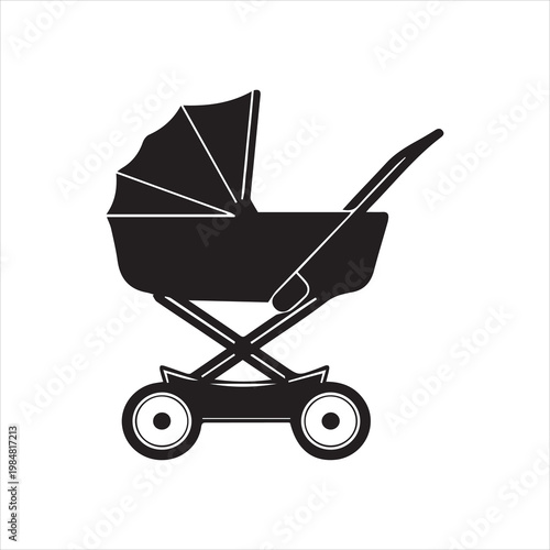 Black silhouette baby stroller on white background.