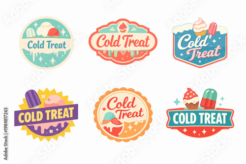 Cold treat badges and logos with ice cream, popsicle, and cupcake designs, a collection of sweet frozen dessert stickers