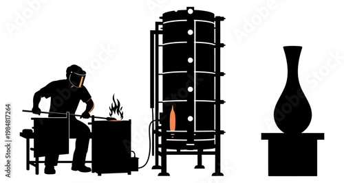 Glassblower working with furnace and finished vase in silhouette