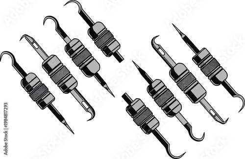 Dental tools outline vector set with professional dentist instruments hand drawn illustration isolated on white background