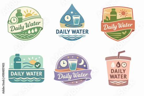 Daily water intake reminder logos promoting healthy hydration habits, showcasing drink tracking for wellness across different times of day
