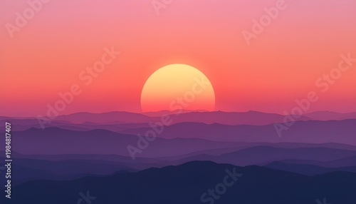A serene mountain landscape at sunset with a vibrant orange sun setting behind the hills
