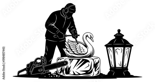 Ice sculptor carving swan with chainsaw near lantern in silhouette