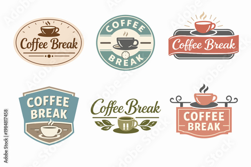 Coffee break vector logos collection for cafe branding, advertising a pause for hot beverages like coffee or tea