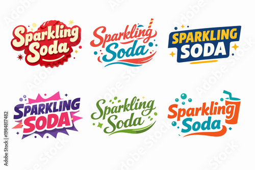 Sparkling soda logo set featuring various designs with bubbles, stars, and lettering, perfect for soft drink branding